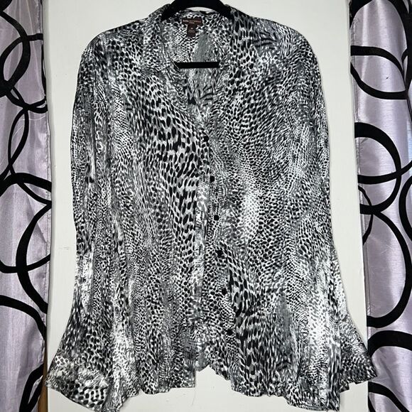 Dana Buchman CHARCOAL BLACK LEOPARD BUTTON DOWN SHIRT 2X - Picture 1 of 14